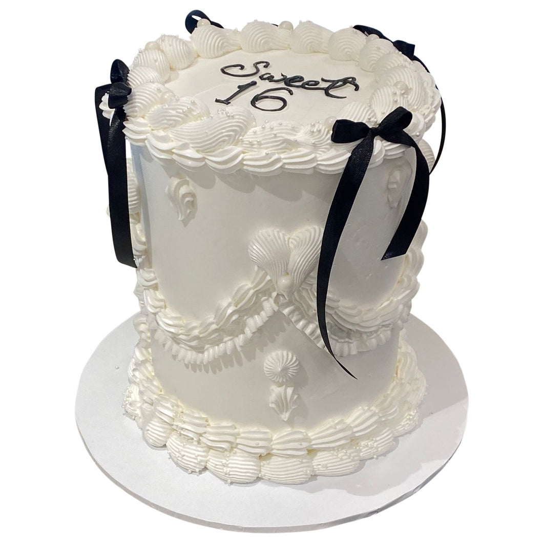 White Vintage w Ribbon Cake